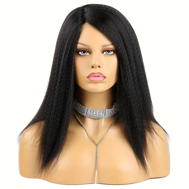 Luxurious 14" Yaki Straight Synthetic Wig for Women - Elegant Black, Soft & Durable with Natural-Looking Kinky Straight Parted Hair - Easy to Style & Maintain, Low-Density 150% with Rose Net Cap