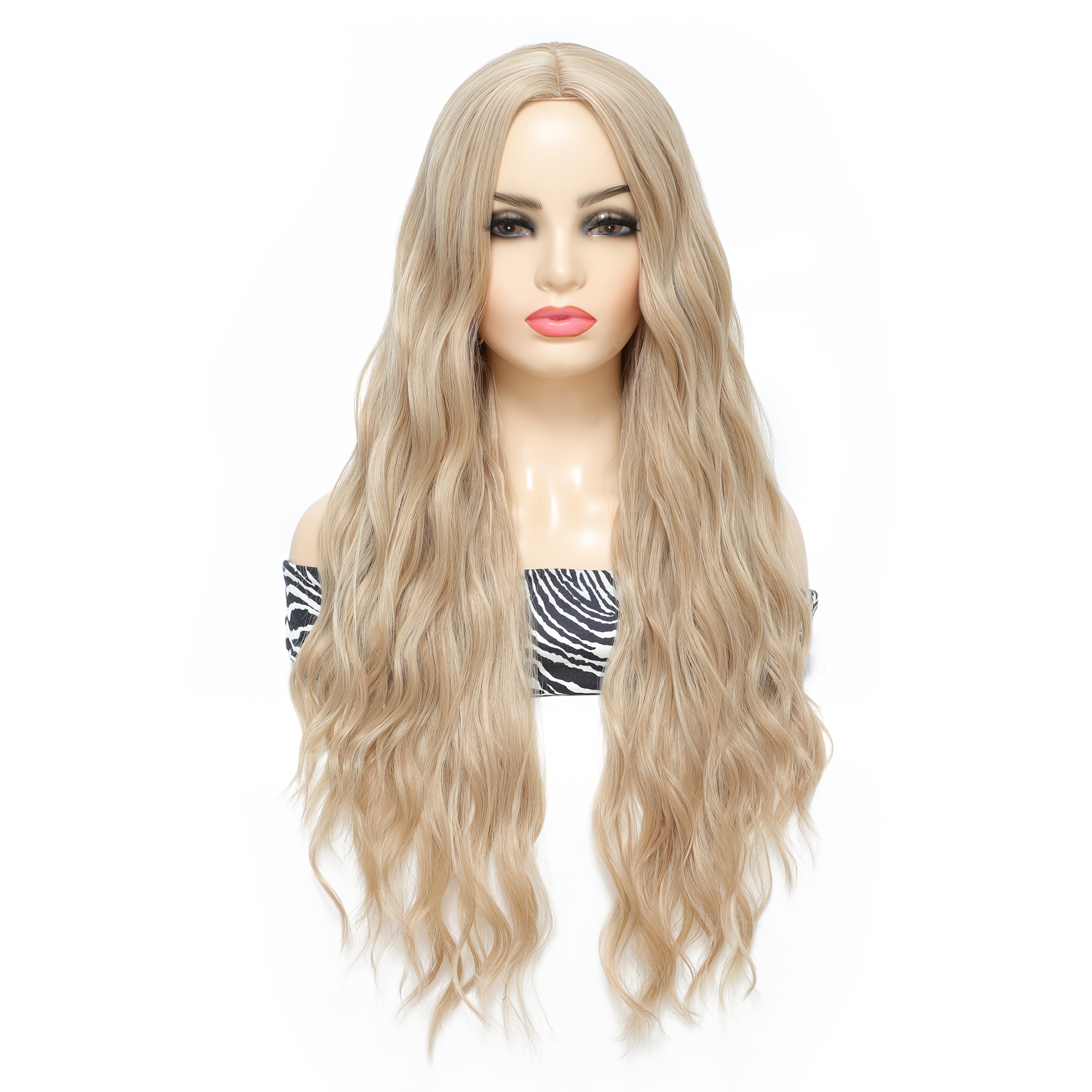 28 Inch Natural Wavy Blonde Wig Middle Part