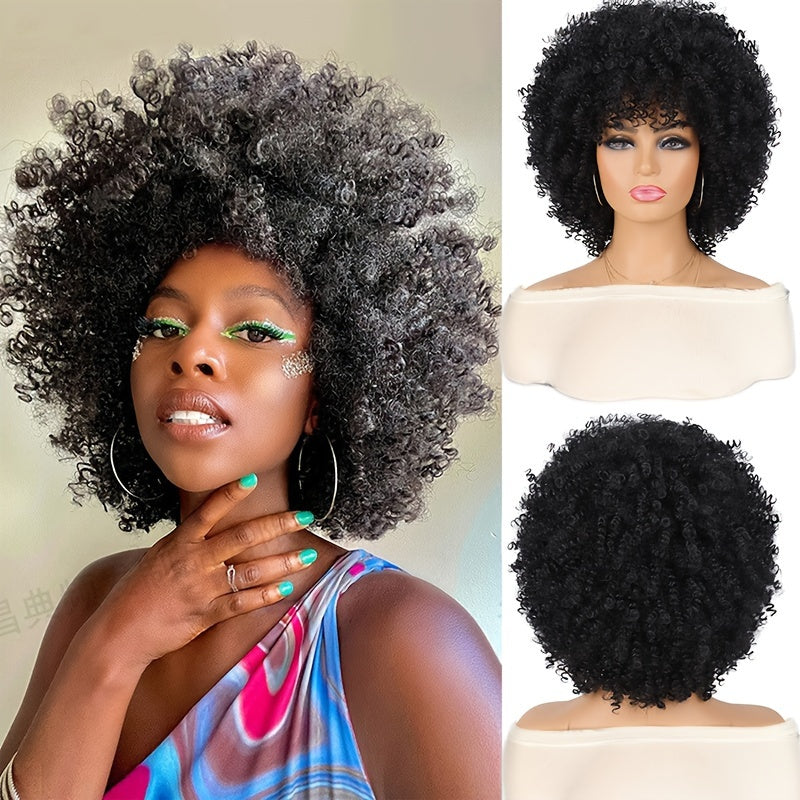 1pc High Temperature Fiber Unisex Afro Kinky Curly Wig, Glueless Rose Net Cap, Synthetic Short Hair with Bangs for Daily Wear