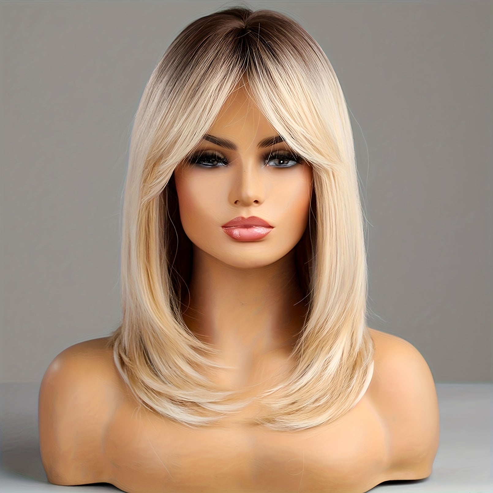 [Valentine's Highlight] Elegant Blonde Wig for Women - Ombre Straight Hair with Bangs, Ideal for Daily Wear, Valentine's Day, Concerts, Cosplay & Parties, Heat Resistant Fiber, Daily Wear Wig|Fringe Wig|Silk Fiber Wig