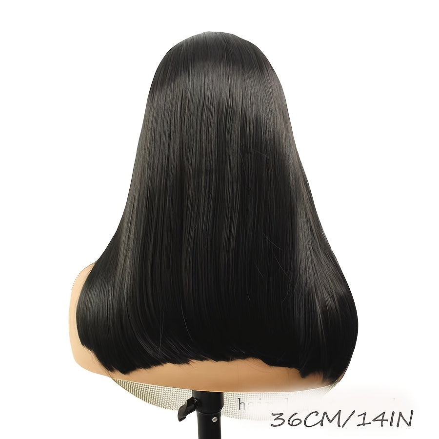 Short Bob Straight Synthetic Glueless Front Lace Wig For Woman Heat Resistant Fiber 14IN 150%Density