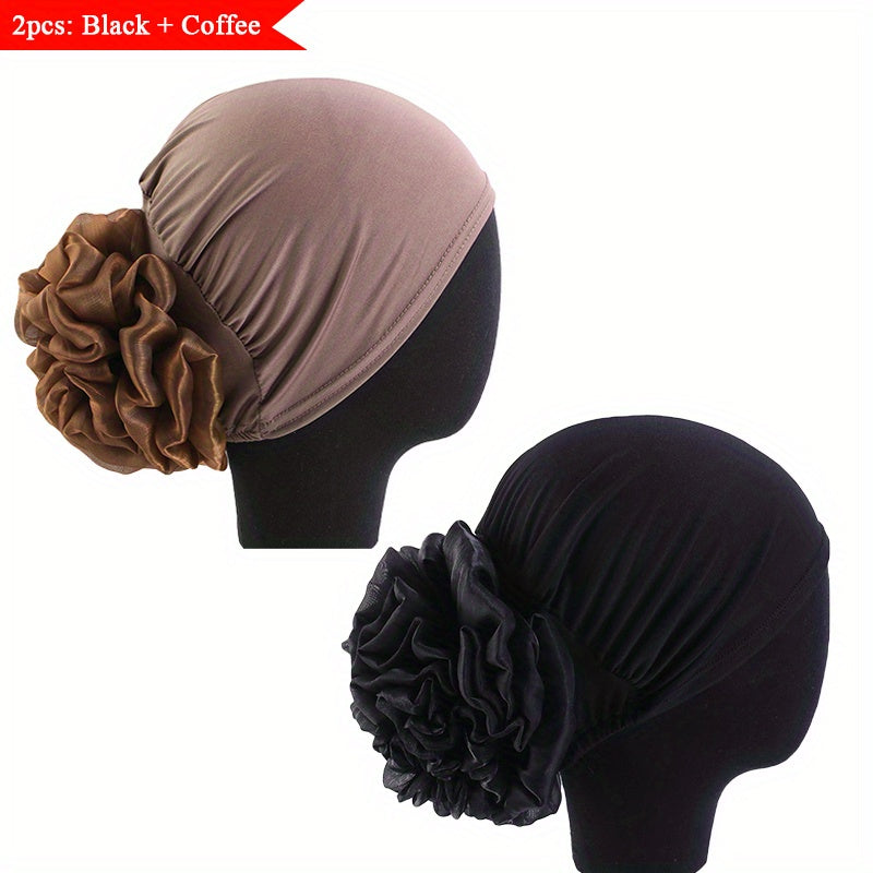 2pcs set Women's Muslim Turban Headscarf Cap - Lightweight Polyester Elastic Head Scarf Hijab with Toggle Closure, Hand-Wash Only, Pre-Tied Flower Ponytail Breathable Woven Head Wrap for All Seasons, Fashionable Outdoor Sport