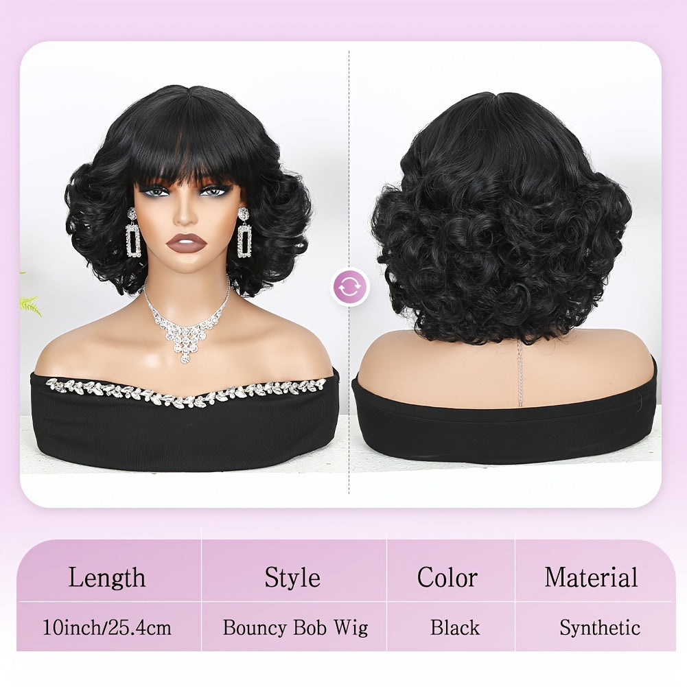 Bouncy Glueless Synthetic Hair Elegant Short Curly Bob Wig - Rose Net Cap for Daily Wear & Cosplay with Bangs for Women