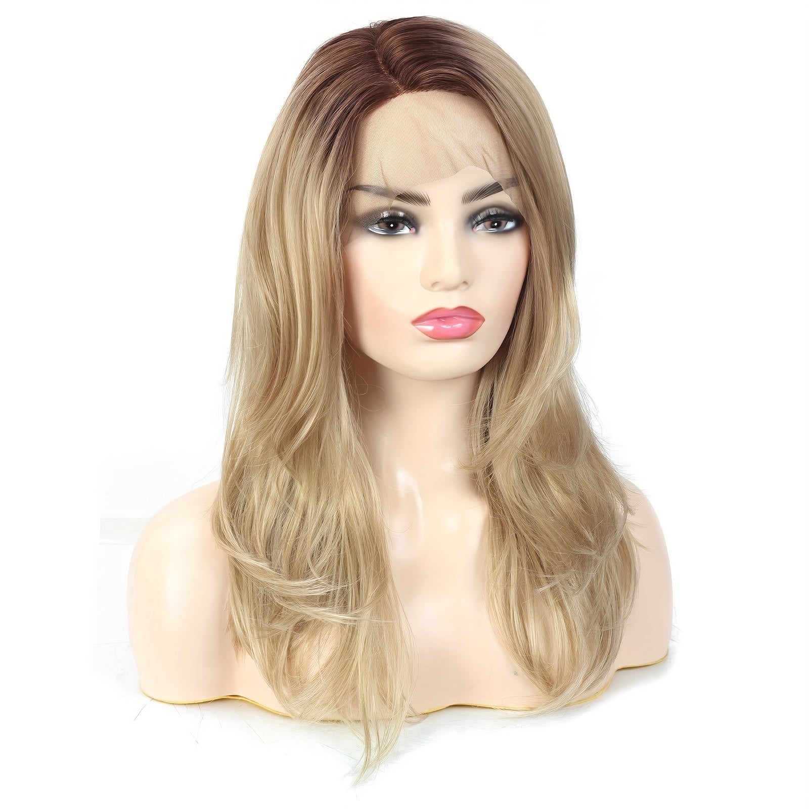 Elegant Lace Front Wig for Women, 20 Inch Ombre Blonde High-Temperature Fiber, 13x4 Inch Lace, 100% Density, Straight Synthetic Hair Wig with Brown Roots - Suitable for All