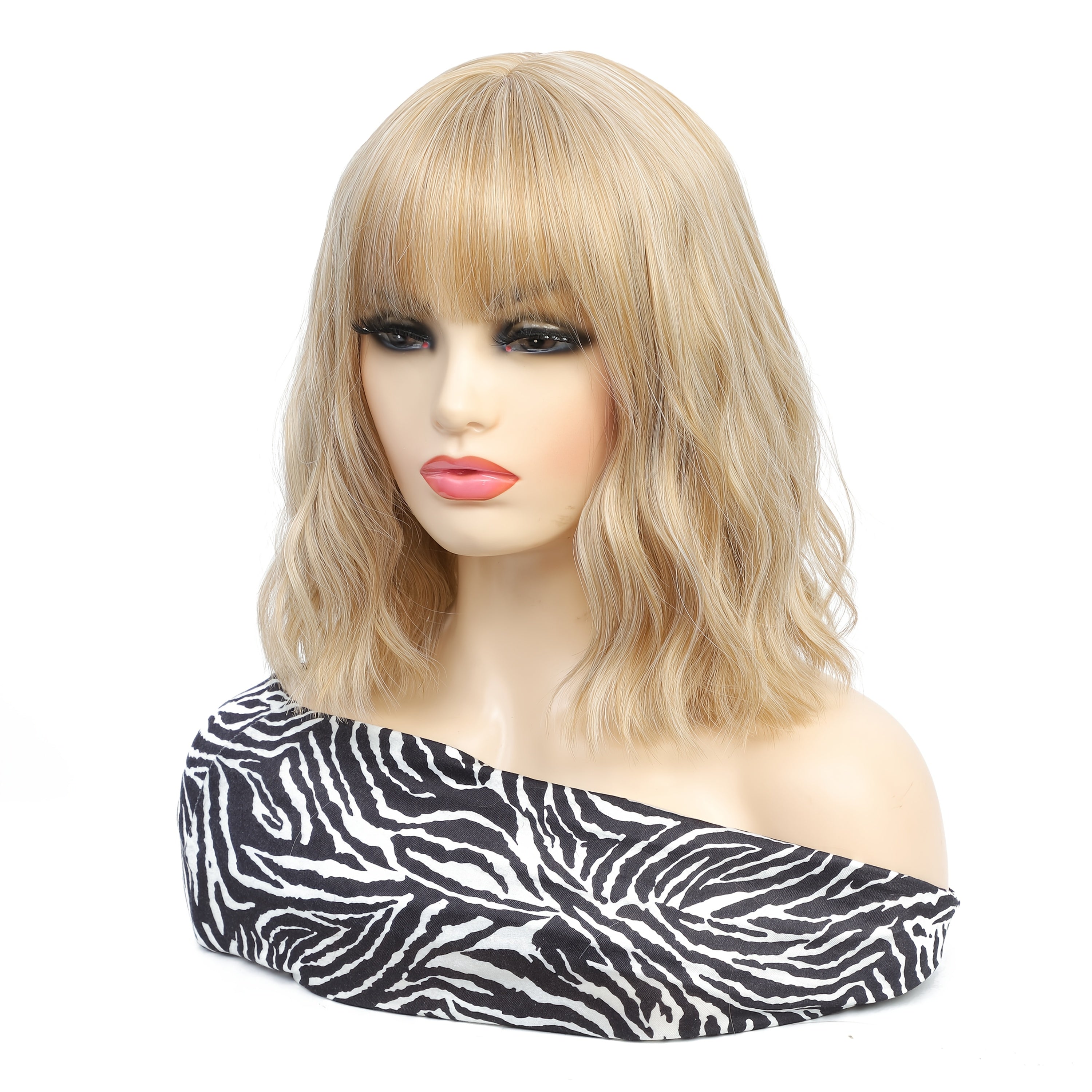 Chic Blonde Bob Wig with Bangs - Short Wavy Synthetic Hair, Heat Resistant, High Density, 12.5 Inches, Ideal for Daily Use and Cosplay, Hair Wig