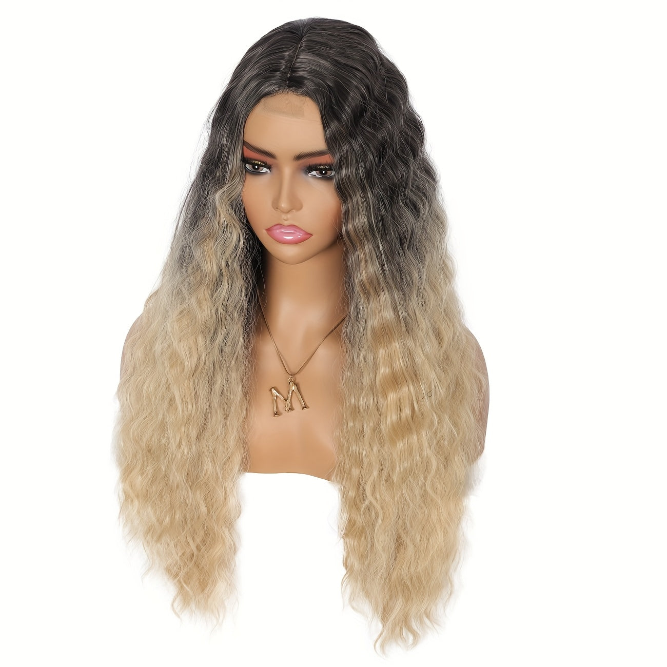 28" Long Water Wave Wig with Milk Grey & Natural Black Ombre - High-Density Synthetic Hair, Lace Front Design