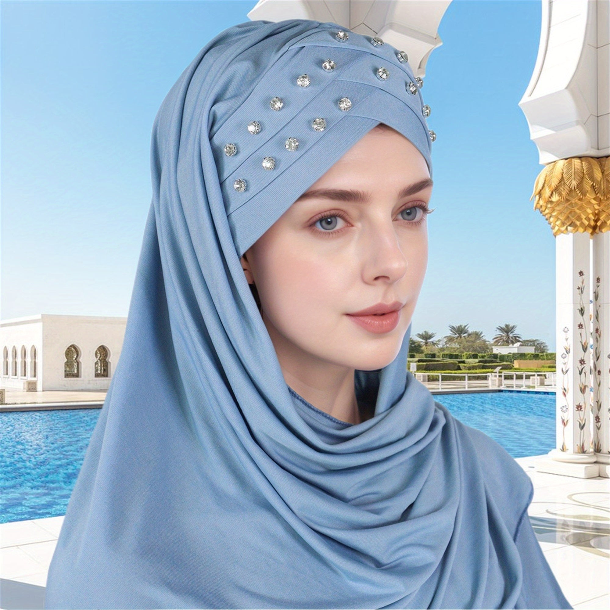 1pc Elegant Women's Polyester Hijab Scarf with Crystal Embellishments, Forehead Cross Design, Fashionable Long Shawl Head Wrap for All Seasons, Head Scarf