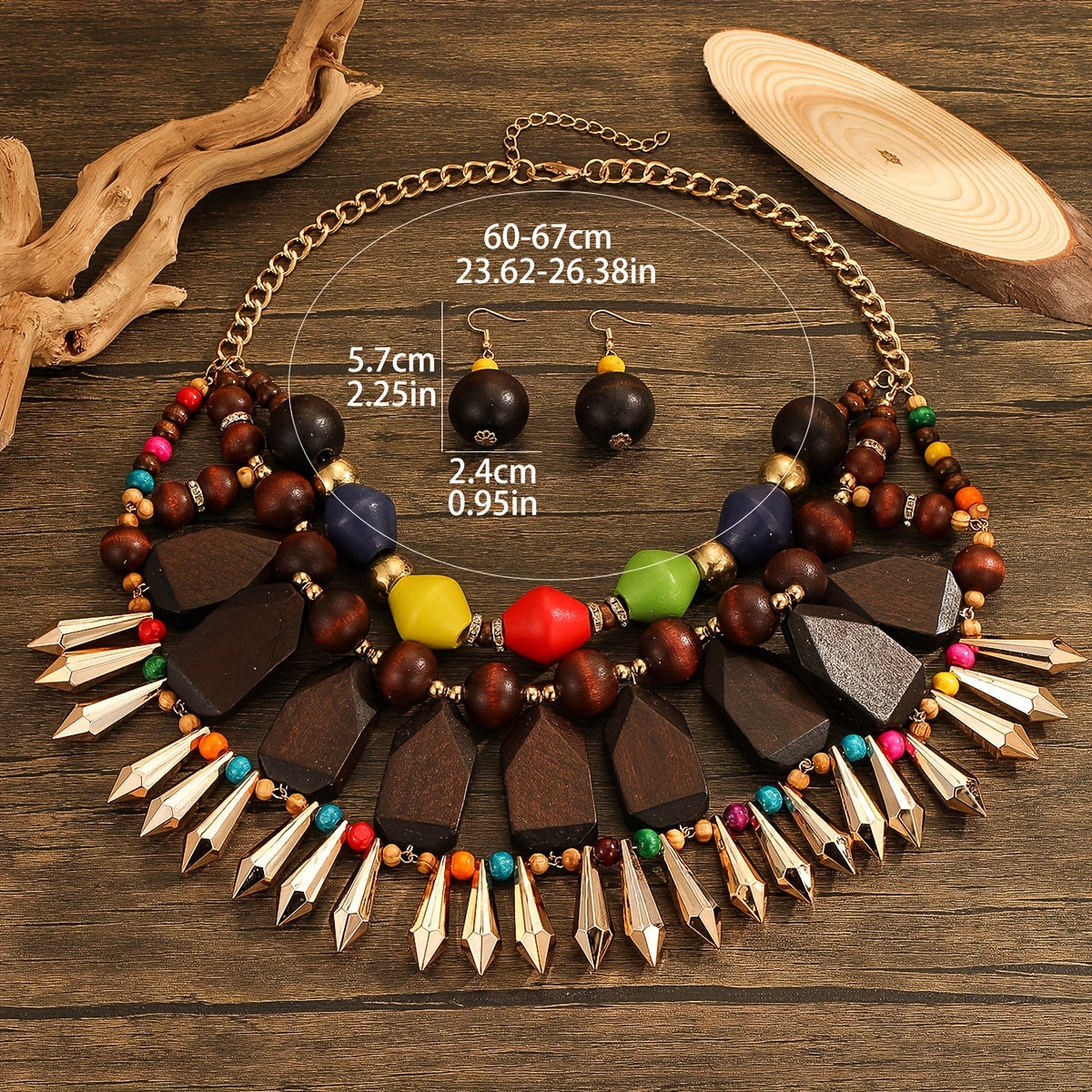 European and n fashion personality exaggerated Middle East vacation retro heavy manufacturing bohemian ball multi-layer design hand-woven wooden accessories necklace earrings 3pcs set