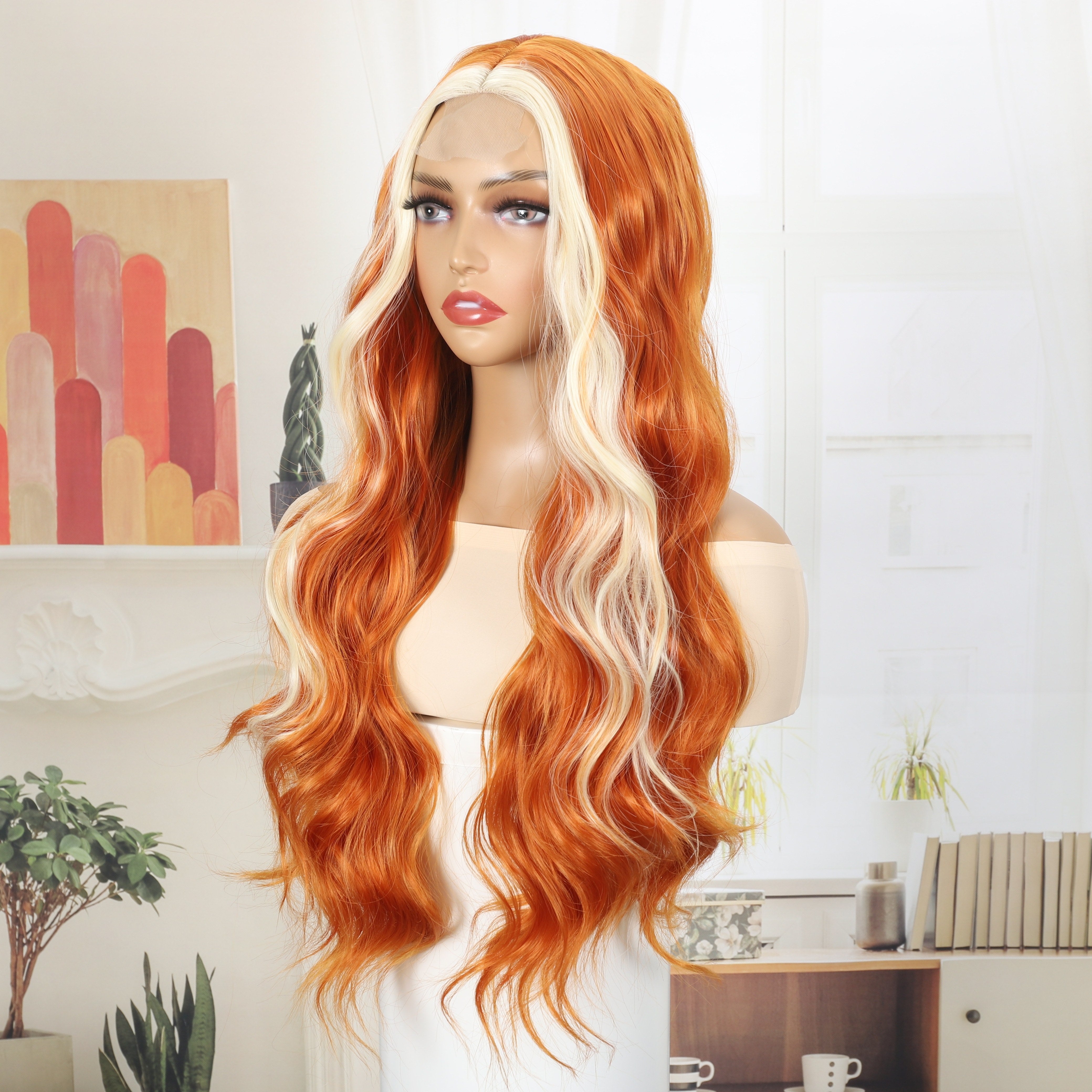 Women's Velvet Lace Front Wig, Orange & White Two-Tone Body Wave Curly Synthetic Hair with Transparent Lace Middle Part, Heat Resistant Fiber for Daily Wear, Parties, and Festivals, Synthetic Lace Front Wig