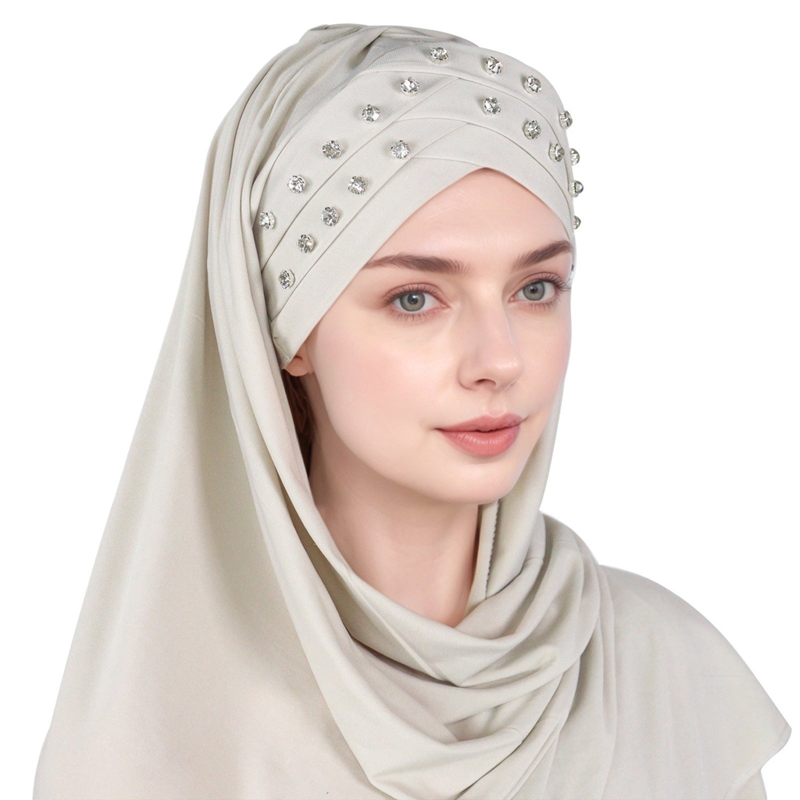 1pc Elegant Women's Polyester Hijab Scarf with Crystal Embellishments, Forehead Cross Design, Fashionable Long Shawl Head Wrap for All Seasons, Head Scarf