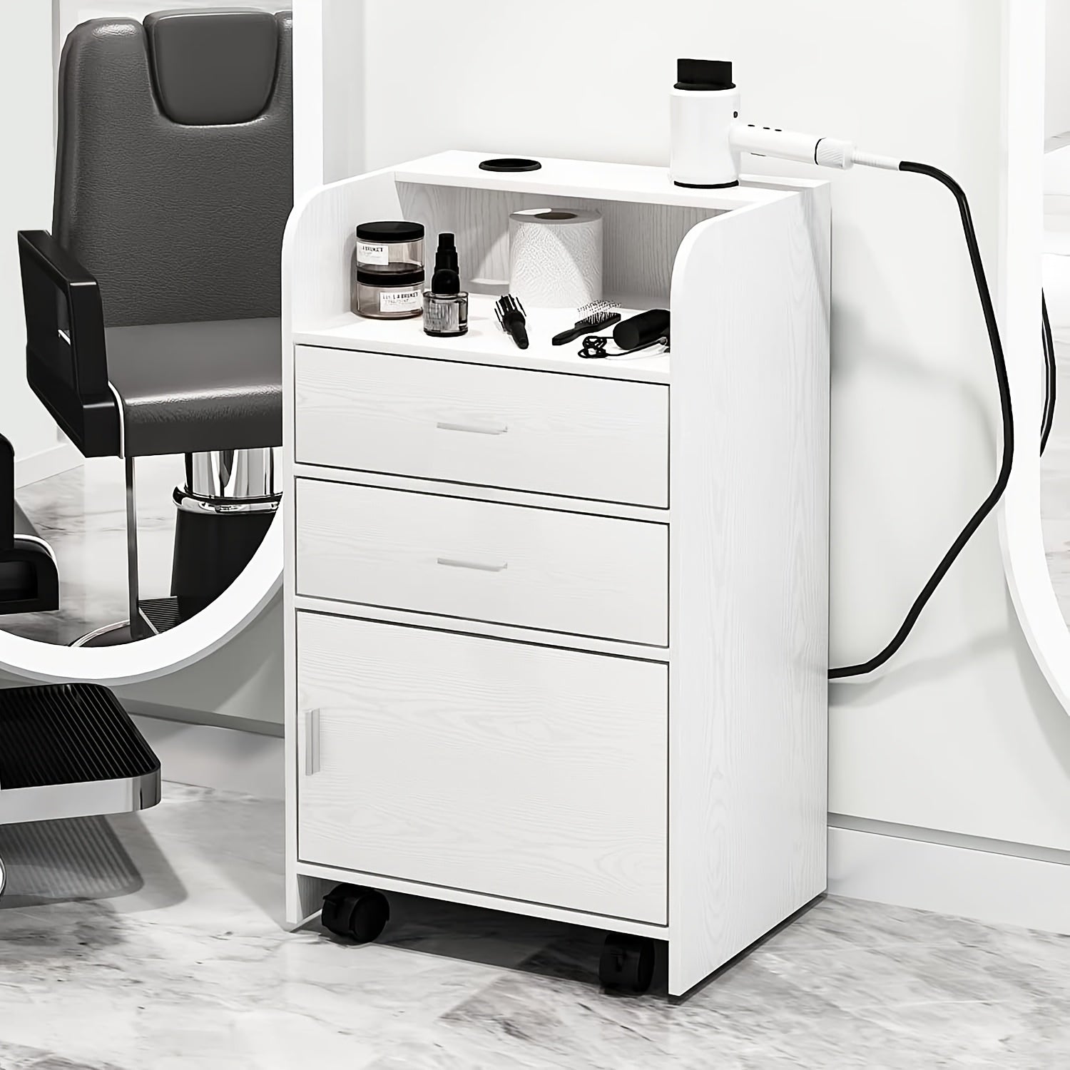 Black Salon Station Storage Cabinet - 2 Drawer Rolling Beauty Station with 2 Hair Dryer Holders Locker for Hair Stylist