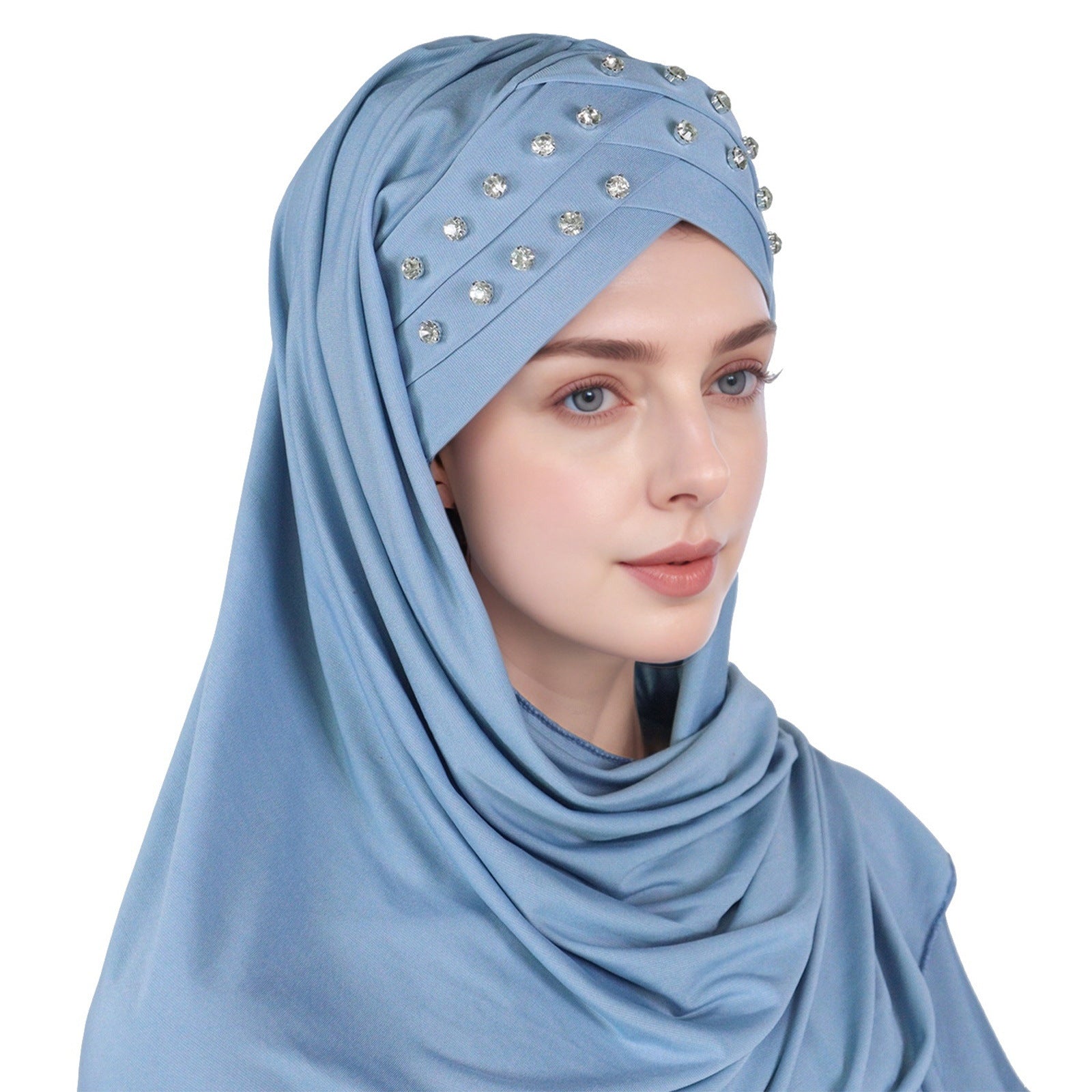1pc Elegant Women's Polyester Hijab Scarf with Crystal Embellishments, Forehead Cross Design, Fashionable Long Shawl Head Wrap for All Seasons, Head Scarf
