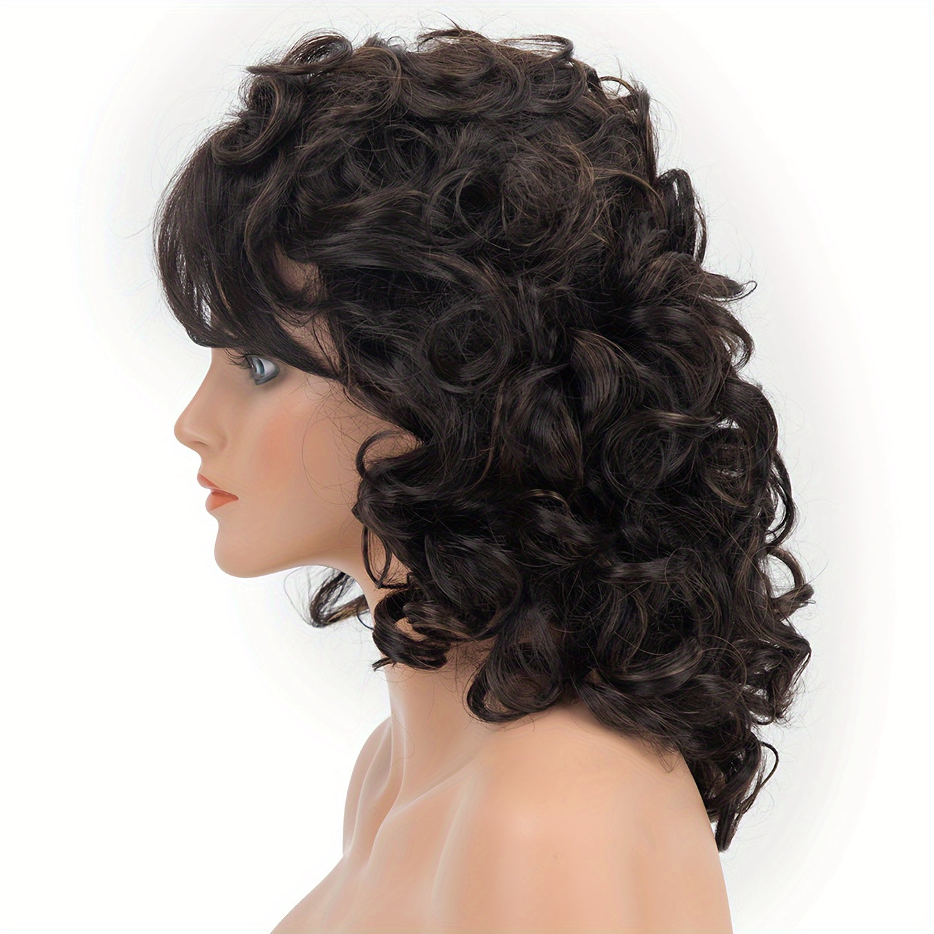 Synthetic Women Wig with Curly Texture And Bangs Black Regular Wig for Natural Fluffy Hairstyle