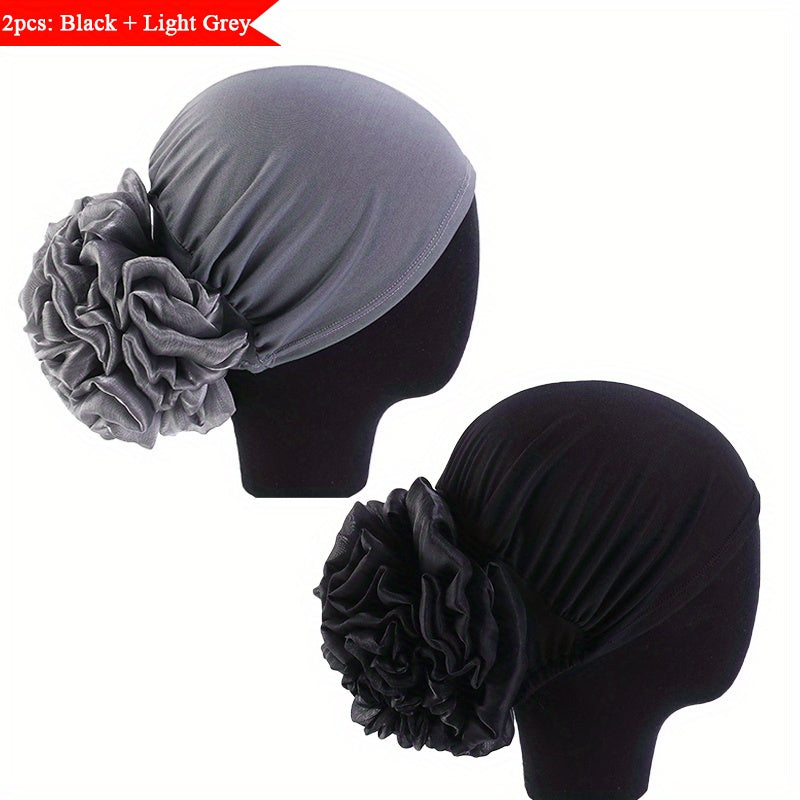 2pcs set Women's Muslim Turban Headscarf Cap - Lightweight Polyester Elastic Head Scarf Hijab with Toggle Closure, Hand-Wash Only, Pre-Tied Flower Ponytail Breathable Woven Head Wrap for All Seasons, Fashionable Outdoor Sport
