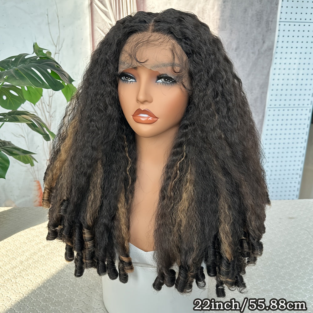 Afro Curly Kinky Front Lace Wig for Women, Brown, 22.0inch, High Temperature Fiber, 150% Density, 13*4*1 Lace Area, Transparent Lace Front T-Part, Versatile Curly Ends, Basic Style