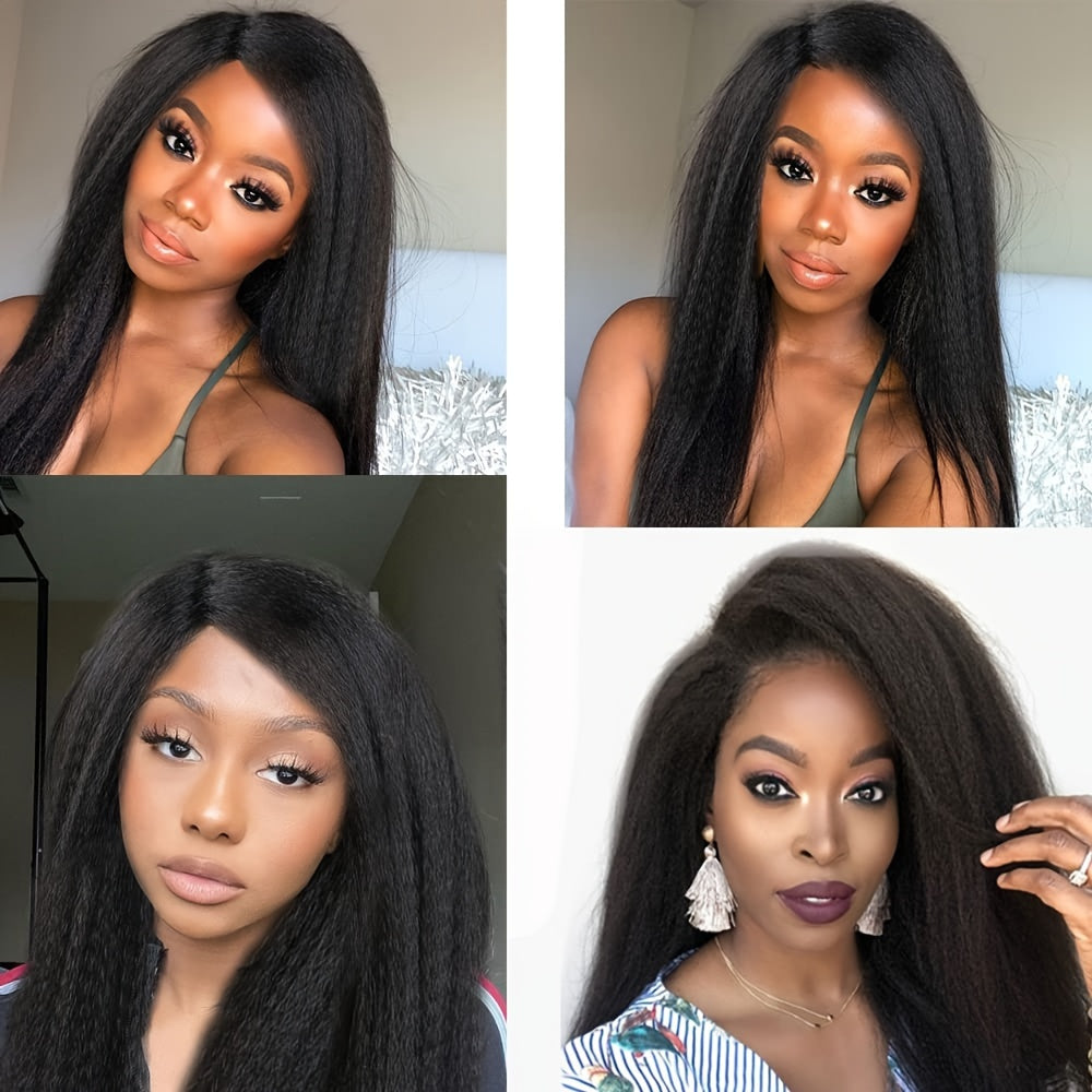 180% Density Elegant Yaki Straight Wig for Women, Synthetic Kinky Afro Hair, Medium Length 14inch, Elastic Net Cap, Natural Look, Suitable for African Women