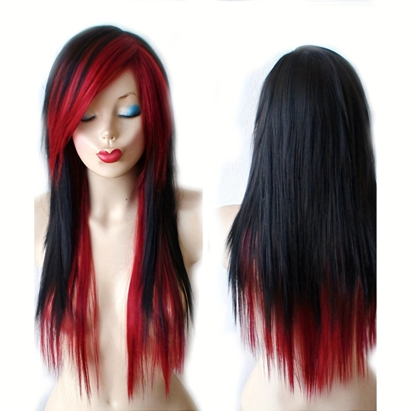 Synthetic Hair Long Straight Red Black Wig With Side Bangs Heat Resistant Halloween Costume Women Layered Haircut Ombre Wig Music Festival