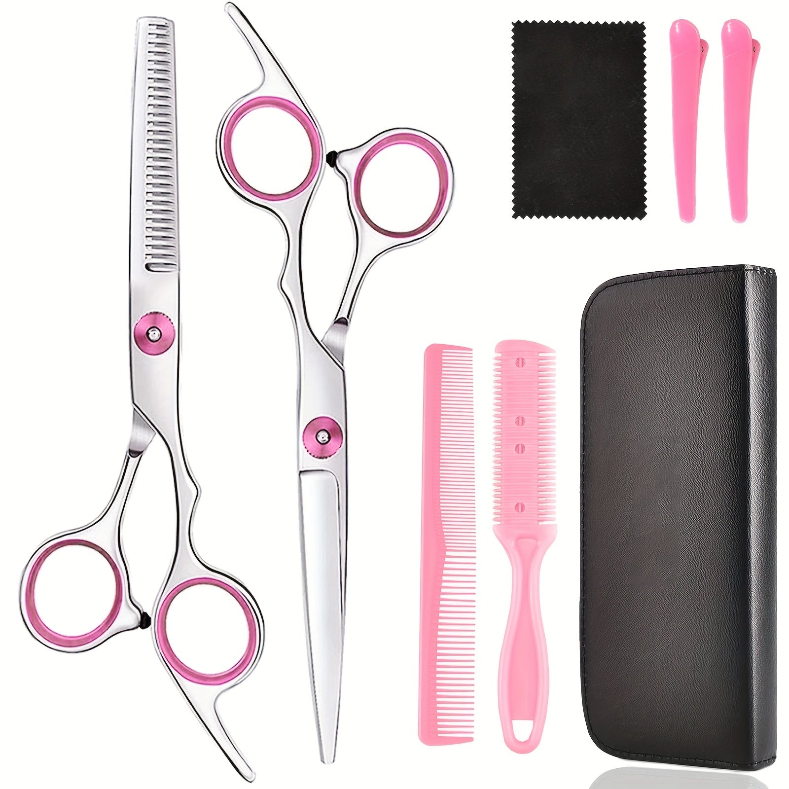 8-Piece Hair Cutting Scissors Kit - Professional, High-Quality Barber Shears Set for Men, Women, Pet, Pink