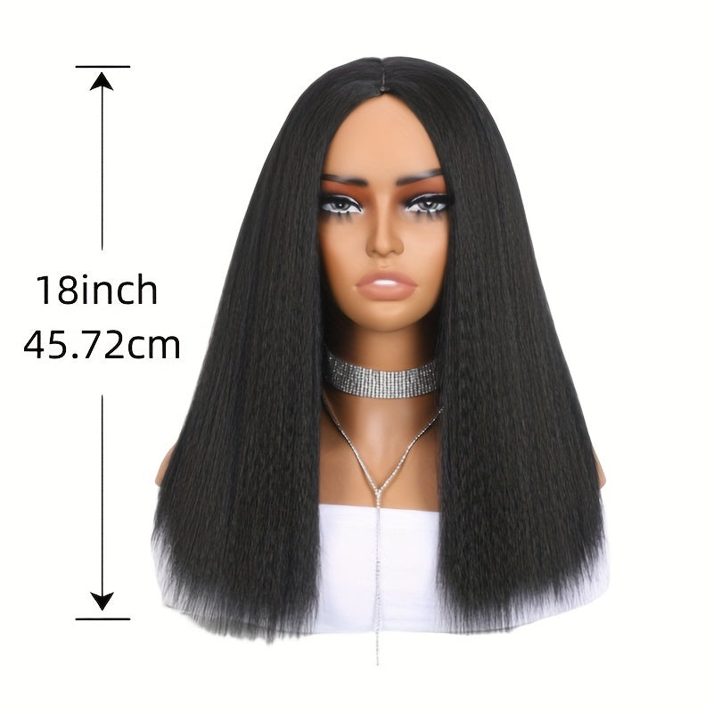 18 Inch Light Yaki Synthetic Black Bob Wig - Middle Part Shoulder Length Kinky Straight Short Bob Wig for Women