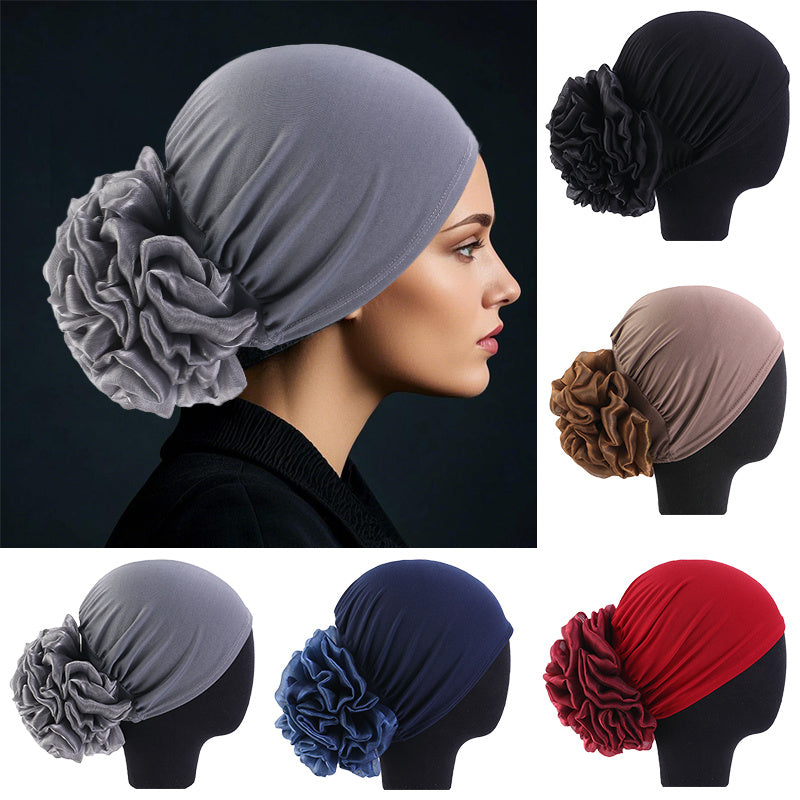 2pcs set Women's Muslim Turban Headscarf Cap - Lightweight Polyester Elastic Head Scarf Hijab with Toggle Closure, Hand-Wash Only, Pre-Tied Flower Ponytail Breathable Woven Head Wrap for All Seasons, Fashionable Outdoor Sport