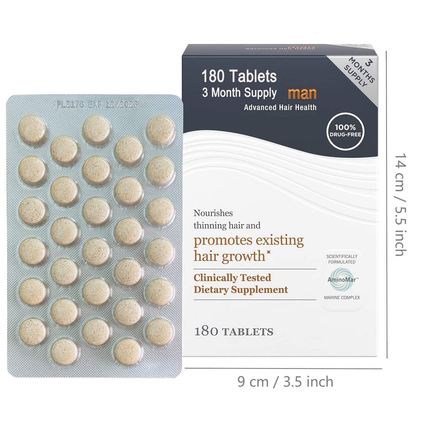 Hair Growth Supplements For Men, Hair Growth Product With Proprietary Collagen Complex, Results Of Thicker, Fuller Hair 180 Tablets - 3 Month Supply