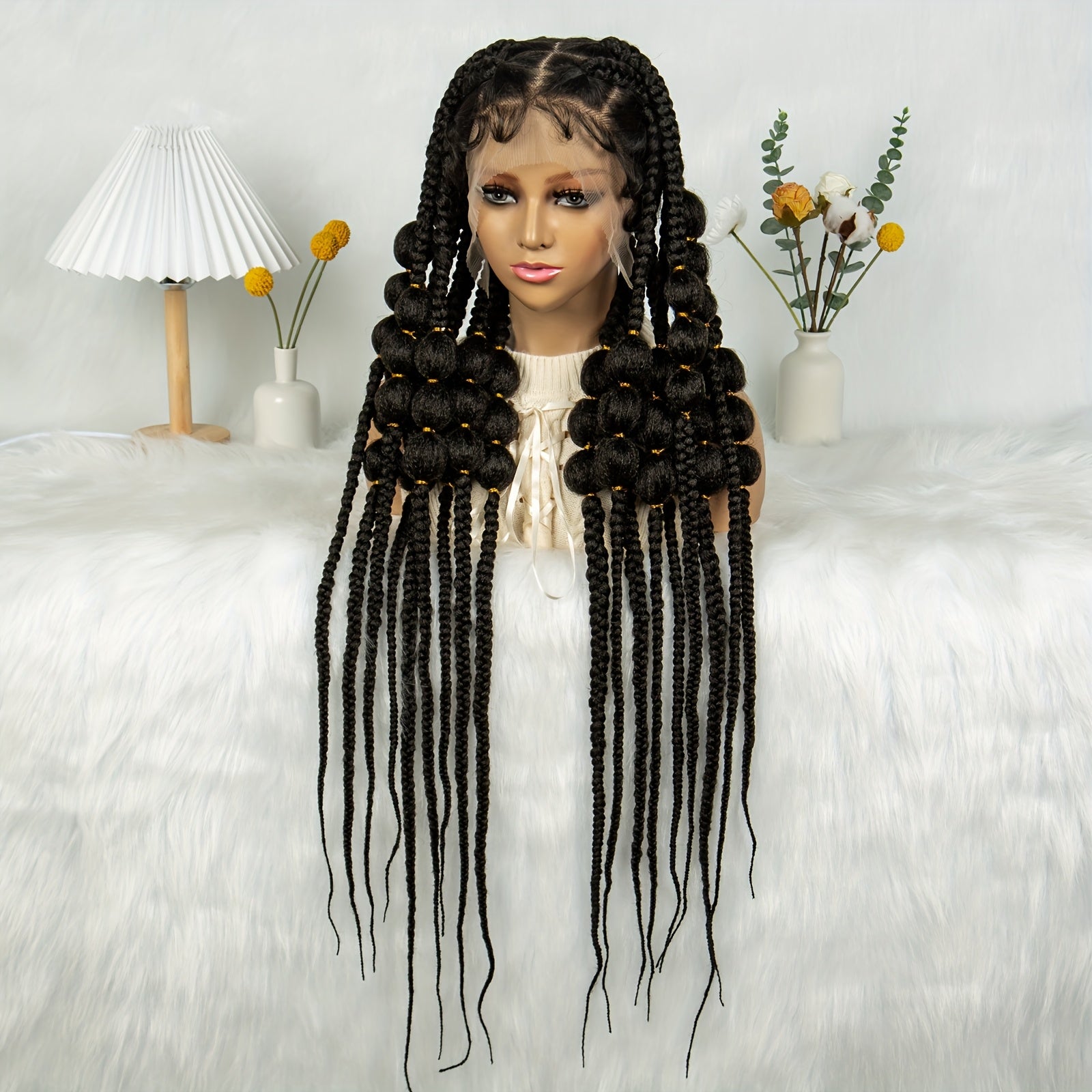 Full Lace Bubble Braids Wig - 180% Density, Heat Resistant Synthetic Fiber