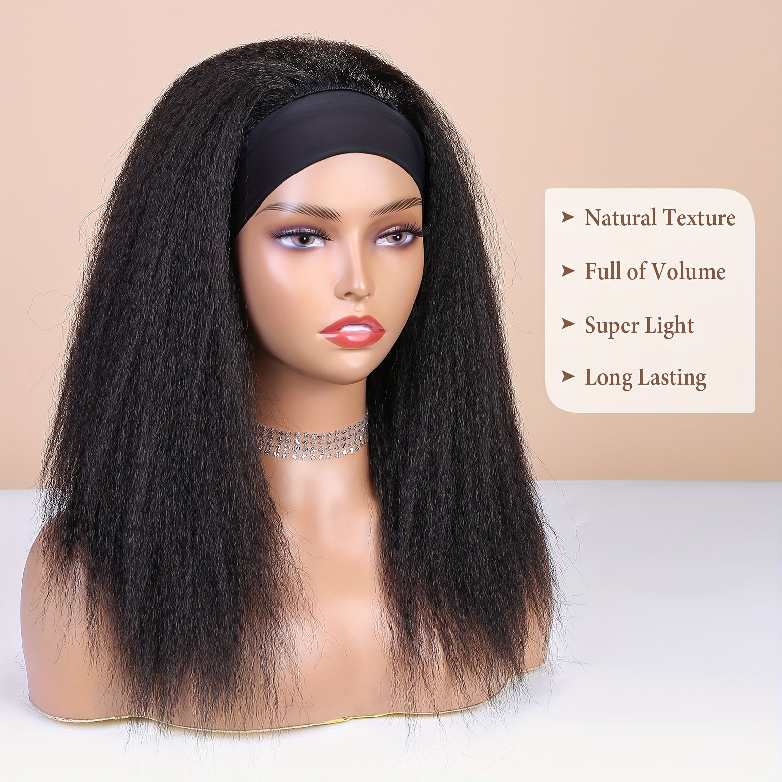 [18-Inch Kinky Straight Headband Wig] Women's 18-Inch Kinky Straight Headband Wig with Black Headband, High Temperature Fiber, Yaki Straight Synthetic Hair, Rose Net Cap, Full Density, Vacation Style Wig Suitable for All