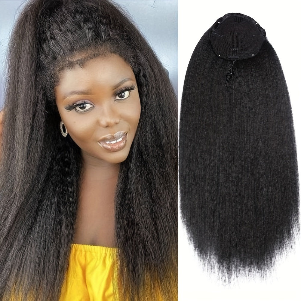 28 Inch Synthetic Yaki Hair Drawstring Ponytail, Long Black Straight Clip in Hair Extensions, Fluffy Yaki Hairpiece for Daily Use