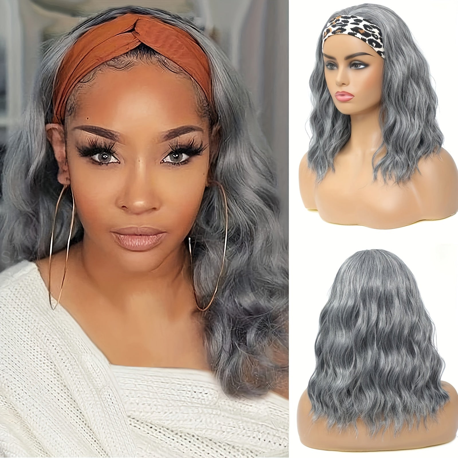 Women's Basic 16-Inch Water Wave Bob Headband Wig - Glueless Heat Resistant Synthetic Fiber with Elastic Net Cap, Versatile Styling, Beginner Friendly