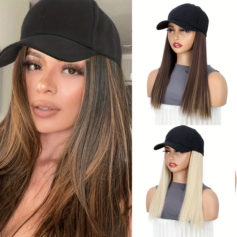 A Women'S Cross-Border Wig Baseball Cap Featuring Long Straight Hair Made of High-Temperature Synthetic Fibers, Available in Multiple Colors. This Wig Is Suitable for Outdoor Activities And Everyday Wear.