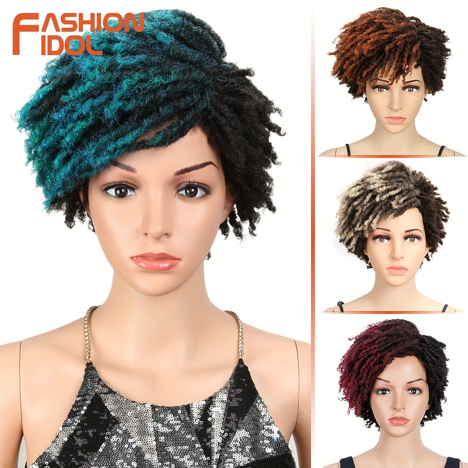 FASHION IDOL 10" Ombre Blue Blonde Afro Kinky Curly Wig with Bangs - Synthetic Dreadlock Wig for Women, High-Temperature Fiber, Short Style for Cosplay & Casual Attire, Wig Accessories