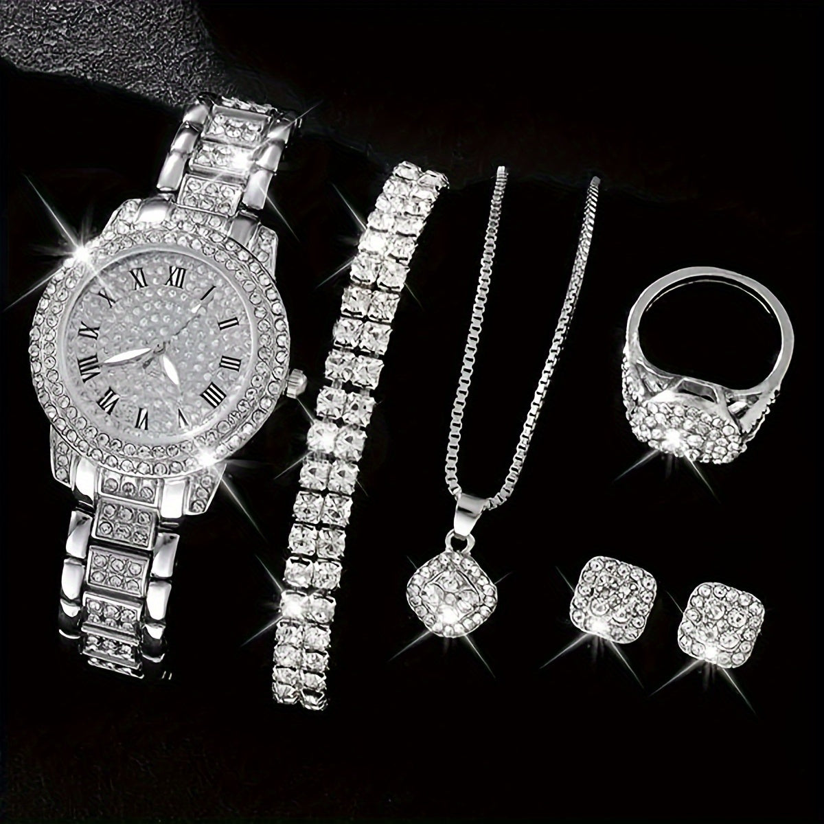 6 Round Rhinestone Quartz Watch Stainless Steel Strap