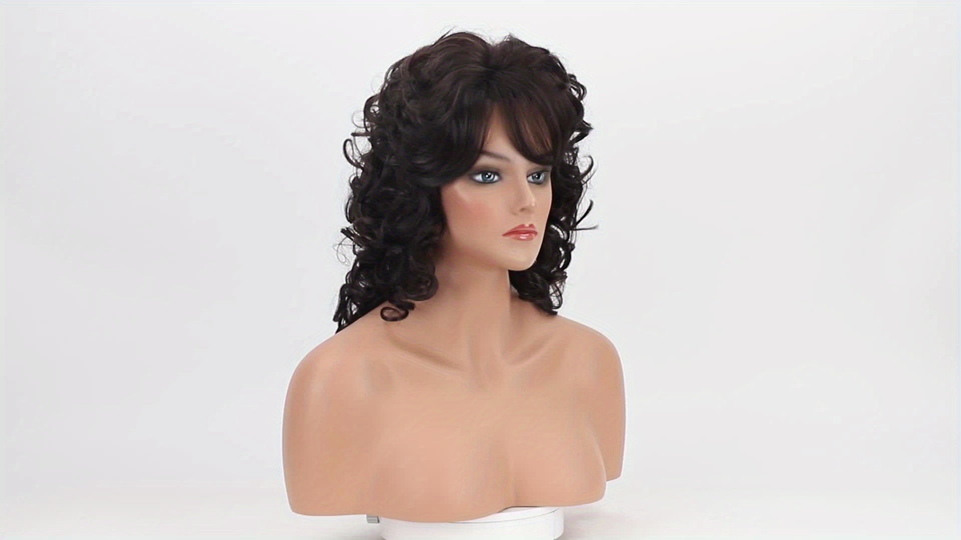 Synthetic Women Wig with Curly Texture And Bangs Black Regular Wig for Natural Fluffy Hairstyle