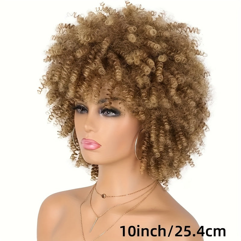 1pc High Temperature Fiber Unisex Afro Kinky Curly Wig, Glueless Rose Net Cap, Synthetic Short Hair with Bangs for Daily Wear