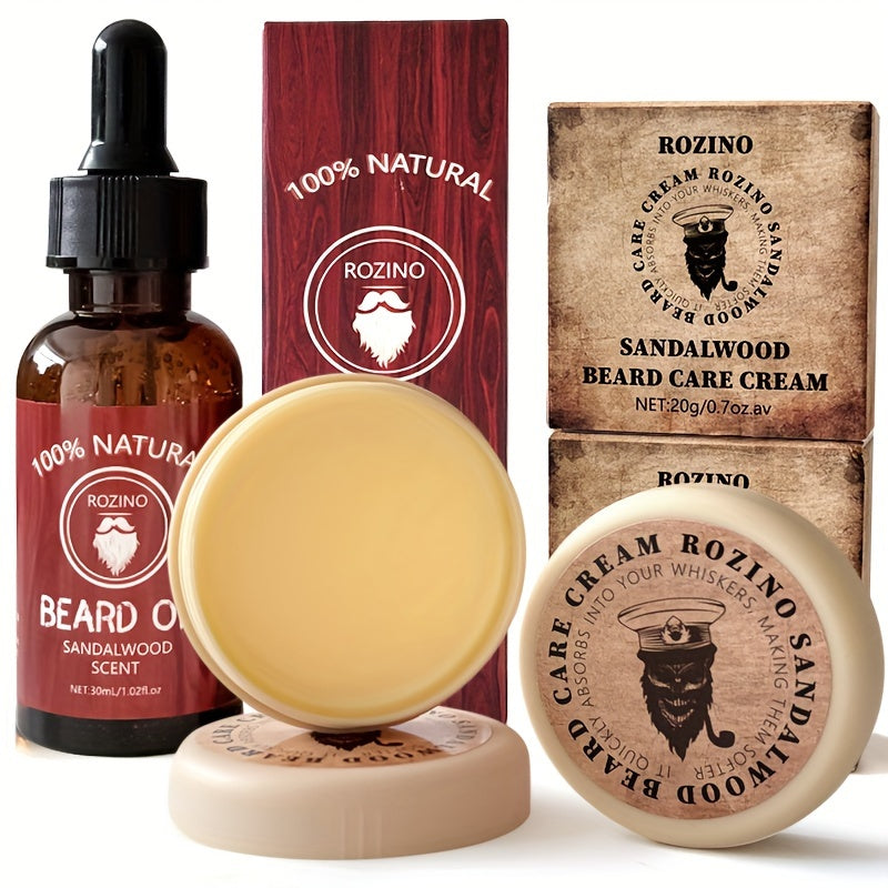 ROZINO 3pcs Beard Care Set: 100% Natural Sandalwood Scented Cream, Moisturizing Serum & Balm - Hypoallergenic, Deep Cleansing & Nourishing, Easy to Use for a Shiny, Healthy Beard, Beard Grooming Kit