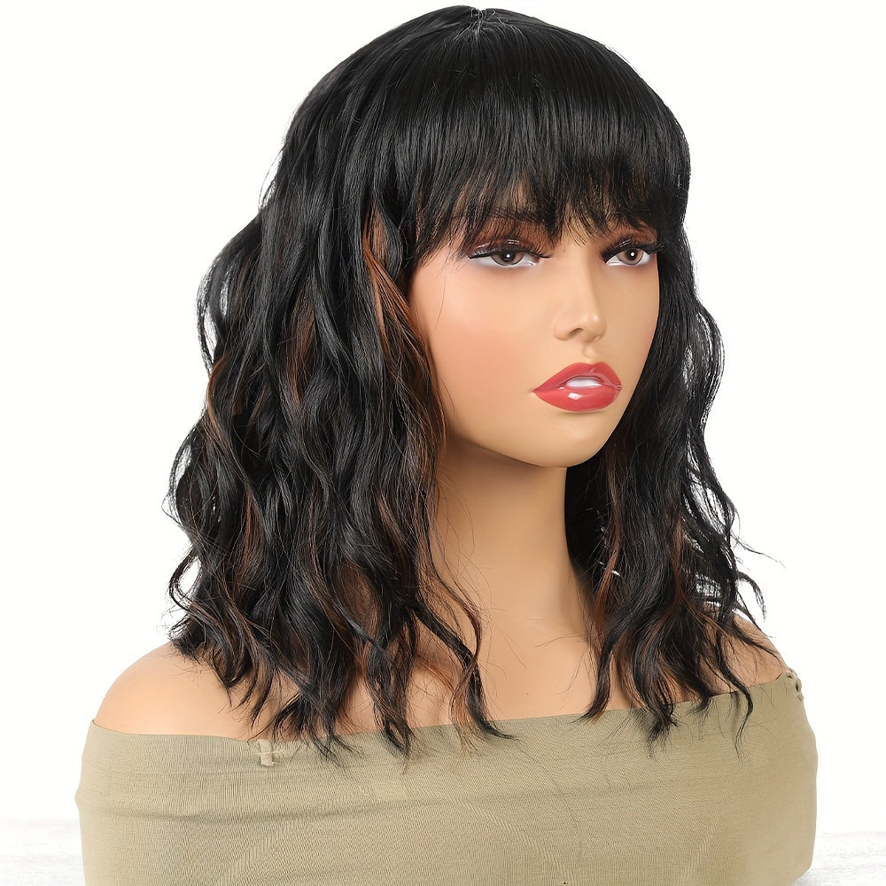 Short Curly Bob Cut Synthetic Wig with Bangs for Women, Elegant Water Wave Style, High Temperature Fiber, 130% Density, Heat Resistant, Rose Net Cap, Combs and Adjustable Straps for Africans