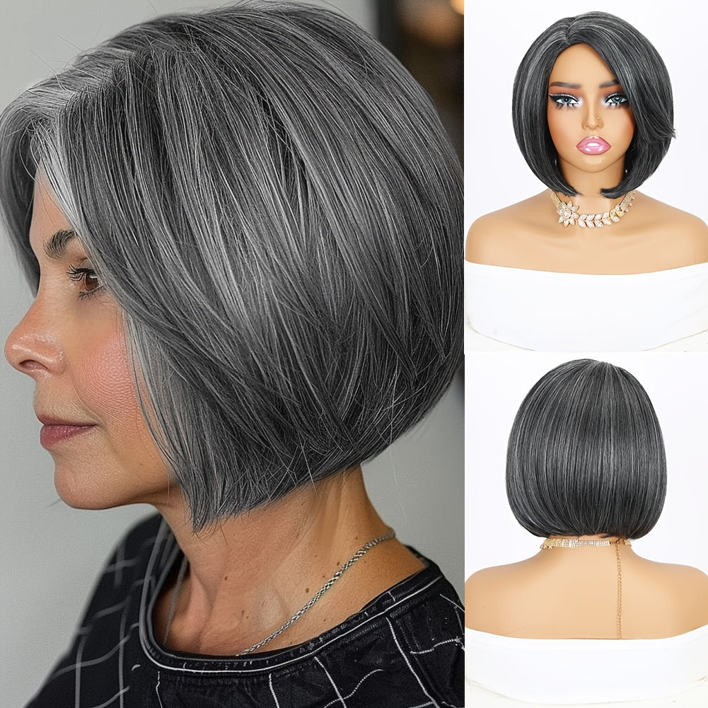 10" Yaki Straight Bob Wig for Women - Soft Synthetic Hair, Side Part, Ombre Grey to Black, Versatile for Daily or Party Use, Versatile Hairstyle | Sleek Synthetic Wig | High Temperature Fiber