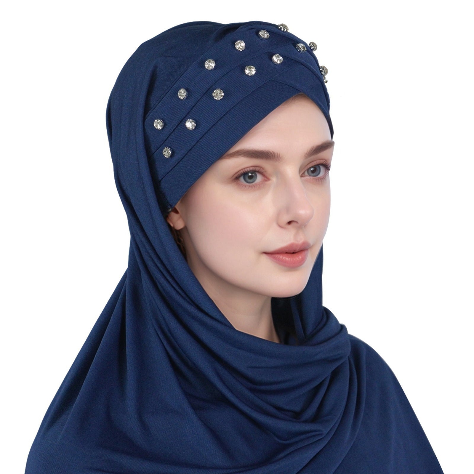 1pc Elegant Women's Polyester Hijab Scarf with Crystal Embellishments, Forehead Cross Design, Fashionable Long Shawl Head Wrap for All Seasons, Head Scarf