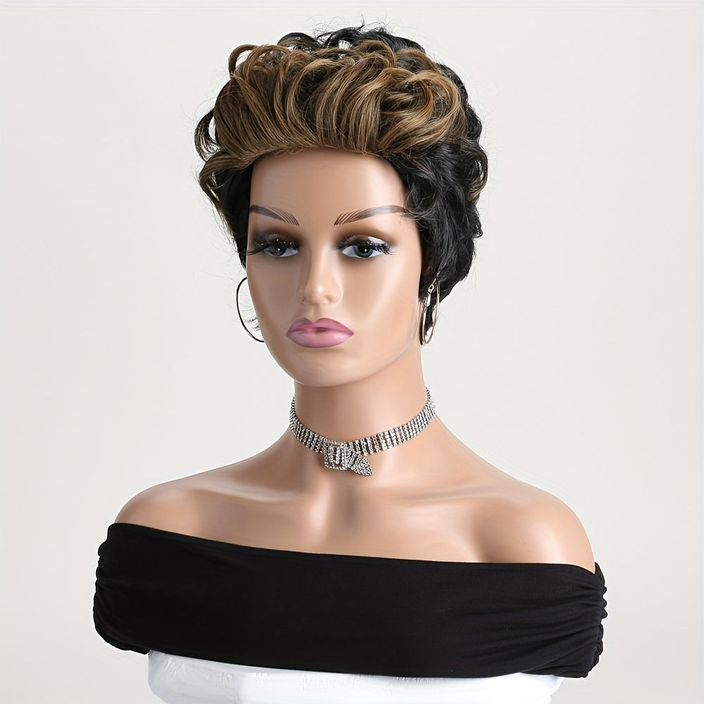 A Fashionable And Naturally Fluffy 10-Inch Black And Brown Mixed Wig for Black Women, Made of Synthetic Fibers with Curled Bangs, Suitable for Daily Wear, Role-Playing, Holiday Parties, And Halloween Costumes.