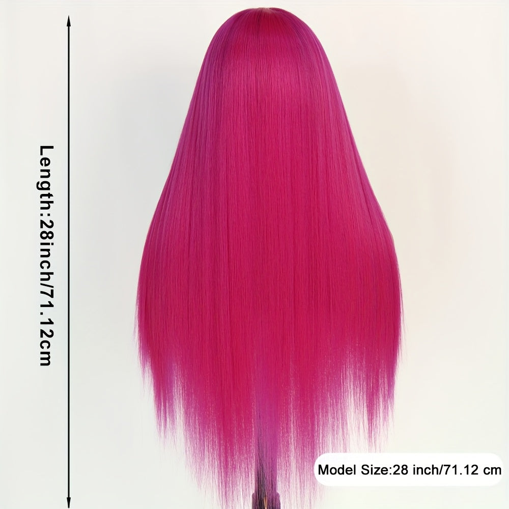 Glamorous 28" Long Straight Hot Pink Lace Front Wig for Women - Vibrant Middle Part, High-Density 180%, Heat Resistant Synthetic Hair, Pre-Plucked & Glueless with 13x4 Lace Frontal, Ideal for Daily Use & Special Occasions