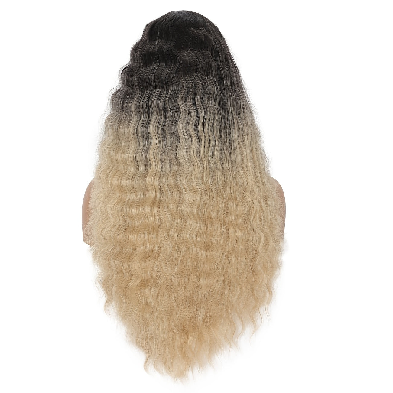 28" Long Water Wave Wig with Milk Grey & Natural Black Ombre - High-Density Synthetic Hair, Lace Front Design