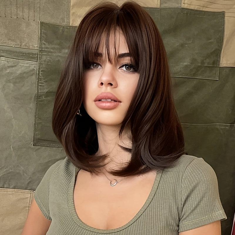 Elegant Brown Straight Synthetic Wig with Bangs for Women - Matte Finish, High-Temperature Resistant, Rose Net Cap, 100% Density