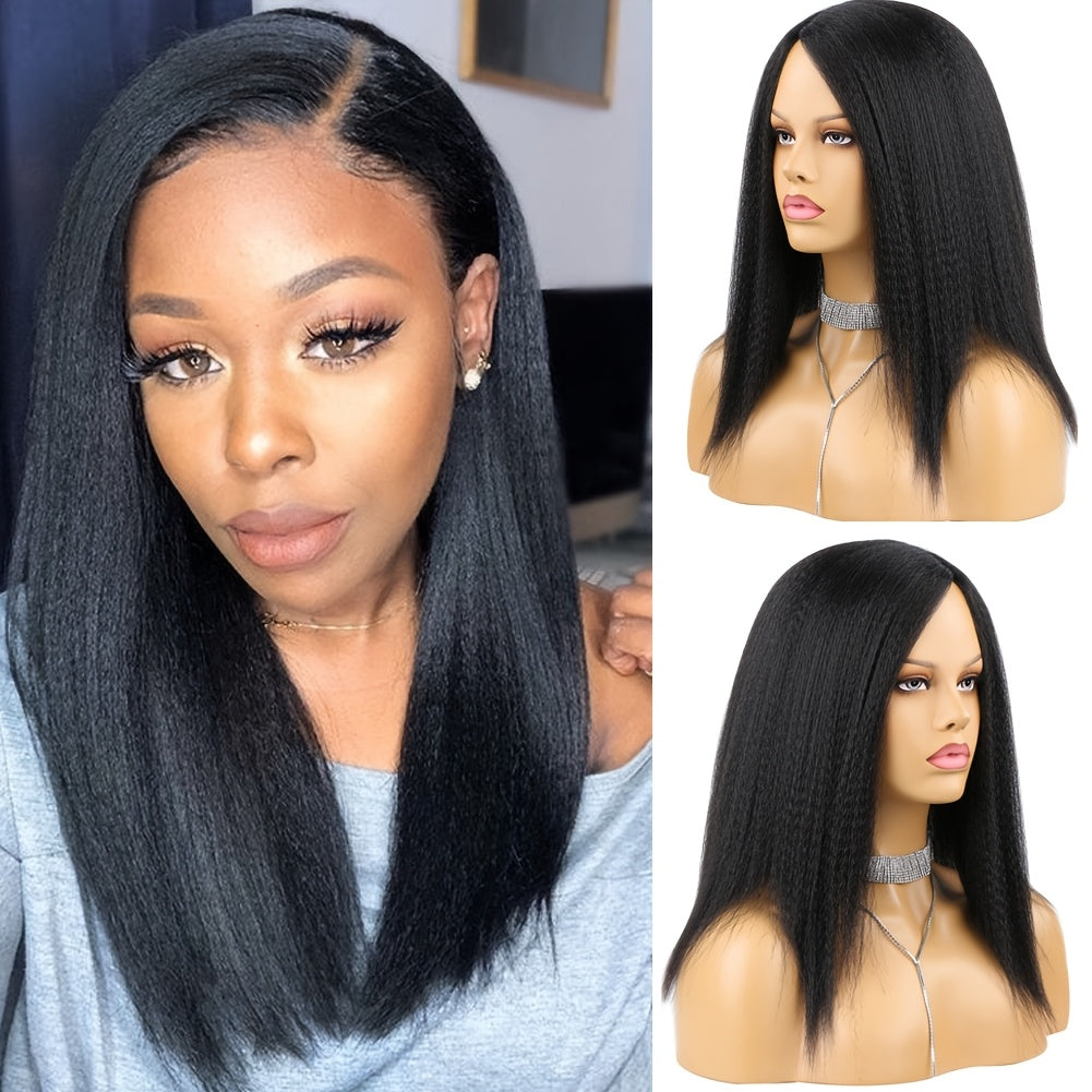 14-Inch Thick Yaki Straight Fluffy Wig for Women - Kinky Afro Hair Replacement with Natural Look & Feel, Perfect for Parties and Cosplay