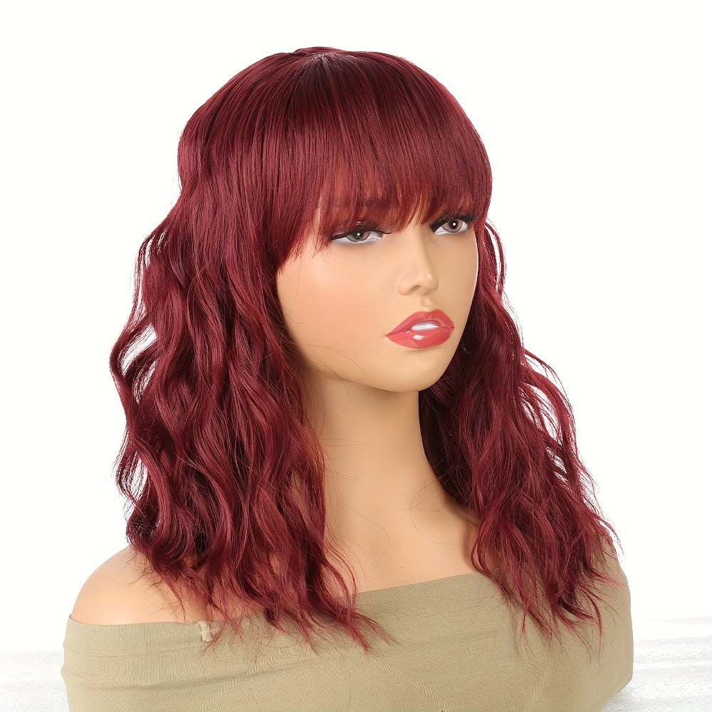 Short Curly Bob Cut Synthetic Wig with Bangs for Women, Elegant Water Wave Style, High Temperature Fiber, 130% Density, Heat Resistant, Rose Net Cap, Combs and Adjustable Straps for Africans