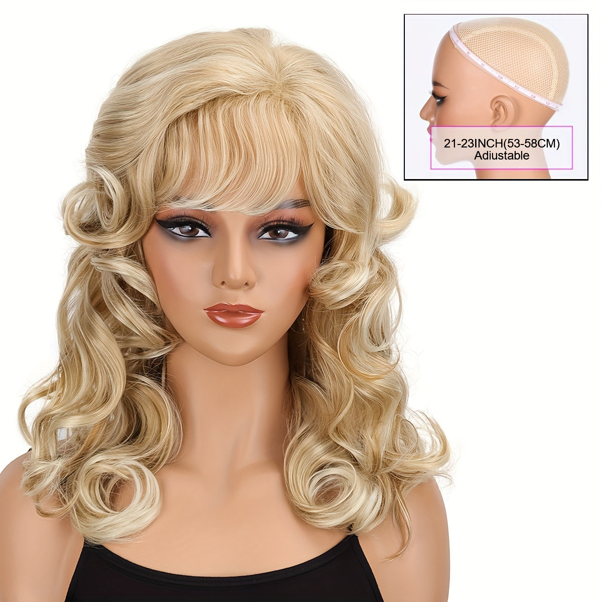 Women's Fashion Curly Wave Wig with Bangs - High Temperature Fiber, Basic 18-Inch Long Golden Synthetic Hairpiece, Breathable Rose Net Cap, 150% Density, Versatile for Daily Wear and Halloween Parties