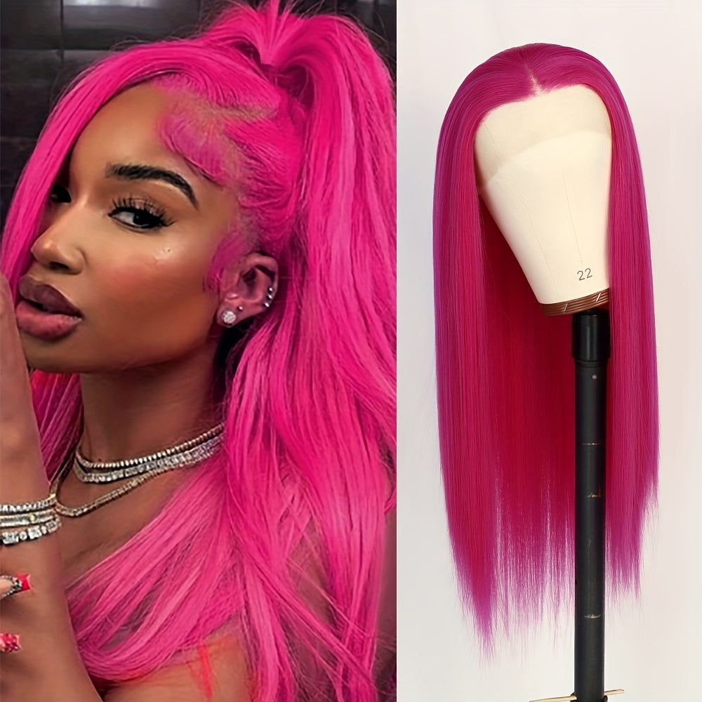 Glamorous 28" Long Straight Hot Pink Lace Front Wig for Women - Vibrant Middle Part, High-Density 180%, Heat Resistant Synthetic Hair, Pre-Plucked & Glueless with 13x4 Lace Frontal, Ideal for Daily Use & Special Occasions