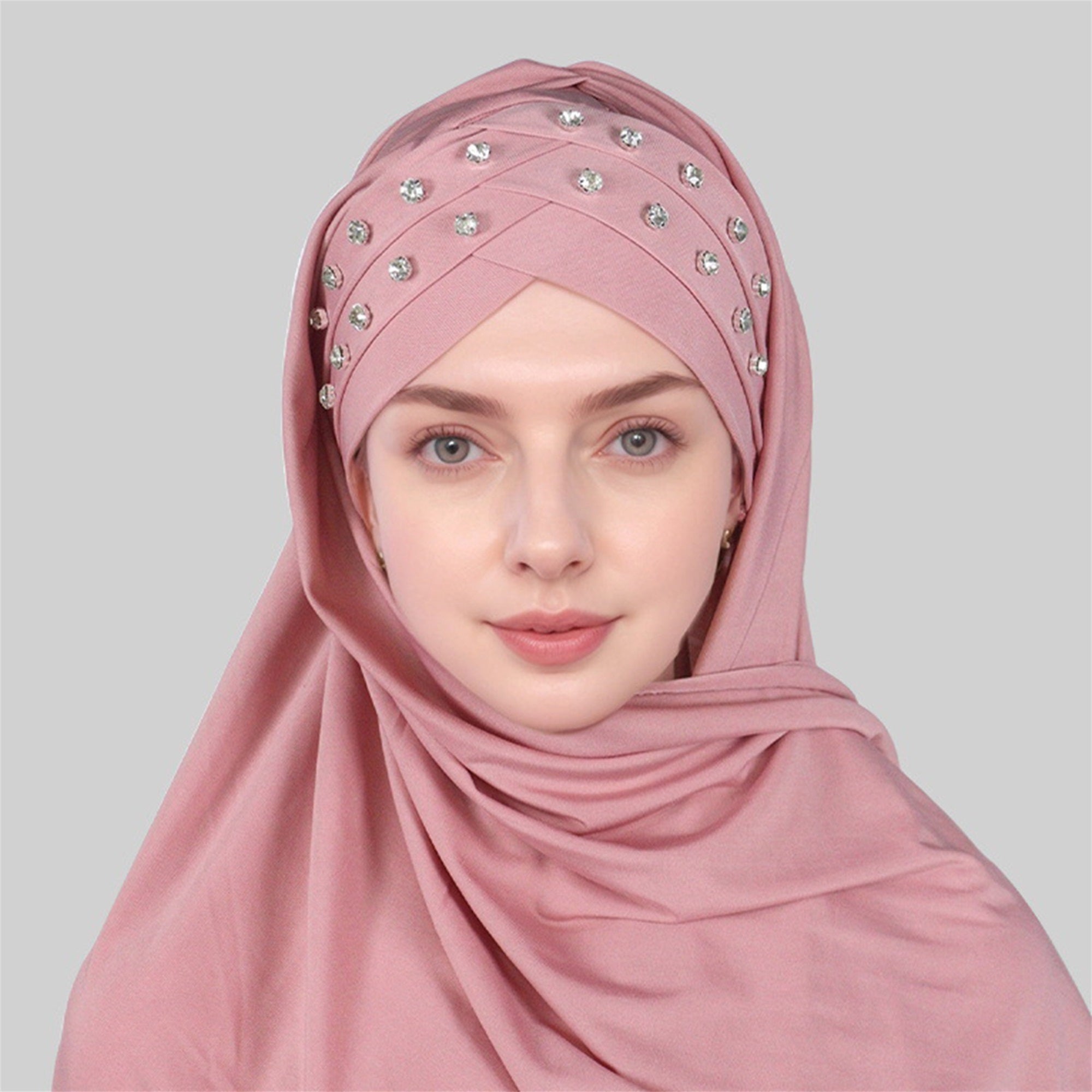 1pc Elegant Women's Polyester Hijab Scarf with Crystal Embellishments, Forehead Cross Design, Fashionable Long Shawl Head Wrap for All Seasons, Head Scarf