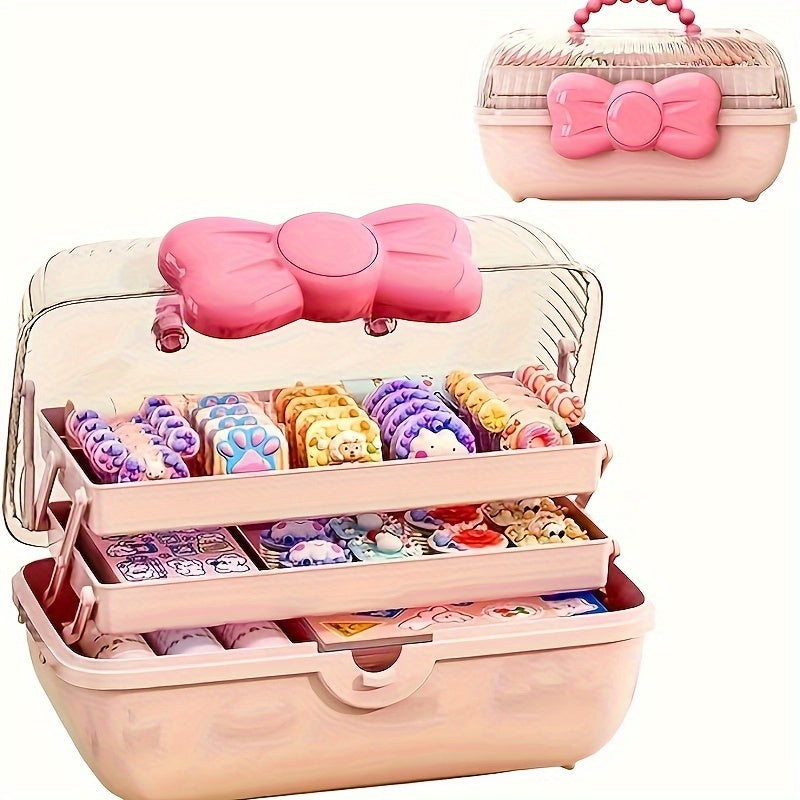 Chic Bow-Adorned 3-Layer Hair Accessory Organizer - Large, Lockable & Foldable Storage Box for Girls