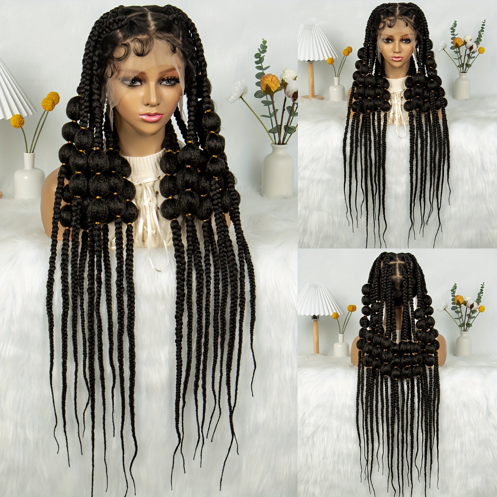 Full Lace Bubble Braids Wig - 180% Density, Heat Resistant Synthetic Fiber