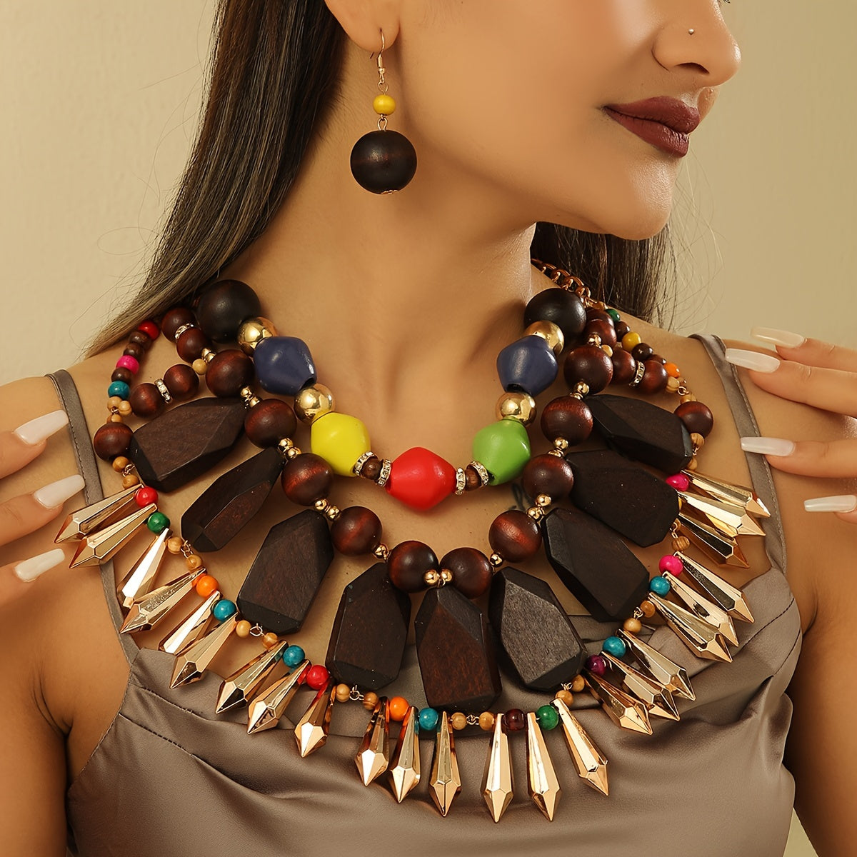 European and n fashion personality exaggerated Middle East vacation retro heavy manufacturing bohemian ball multi-layer design hand-woven wooden accessories necklace earrings 3pcs set